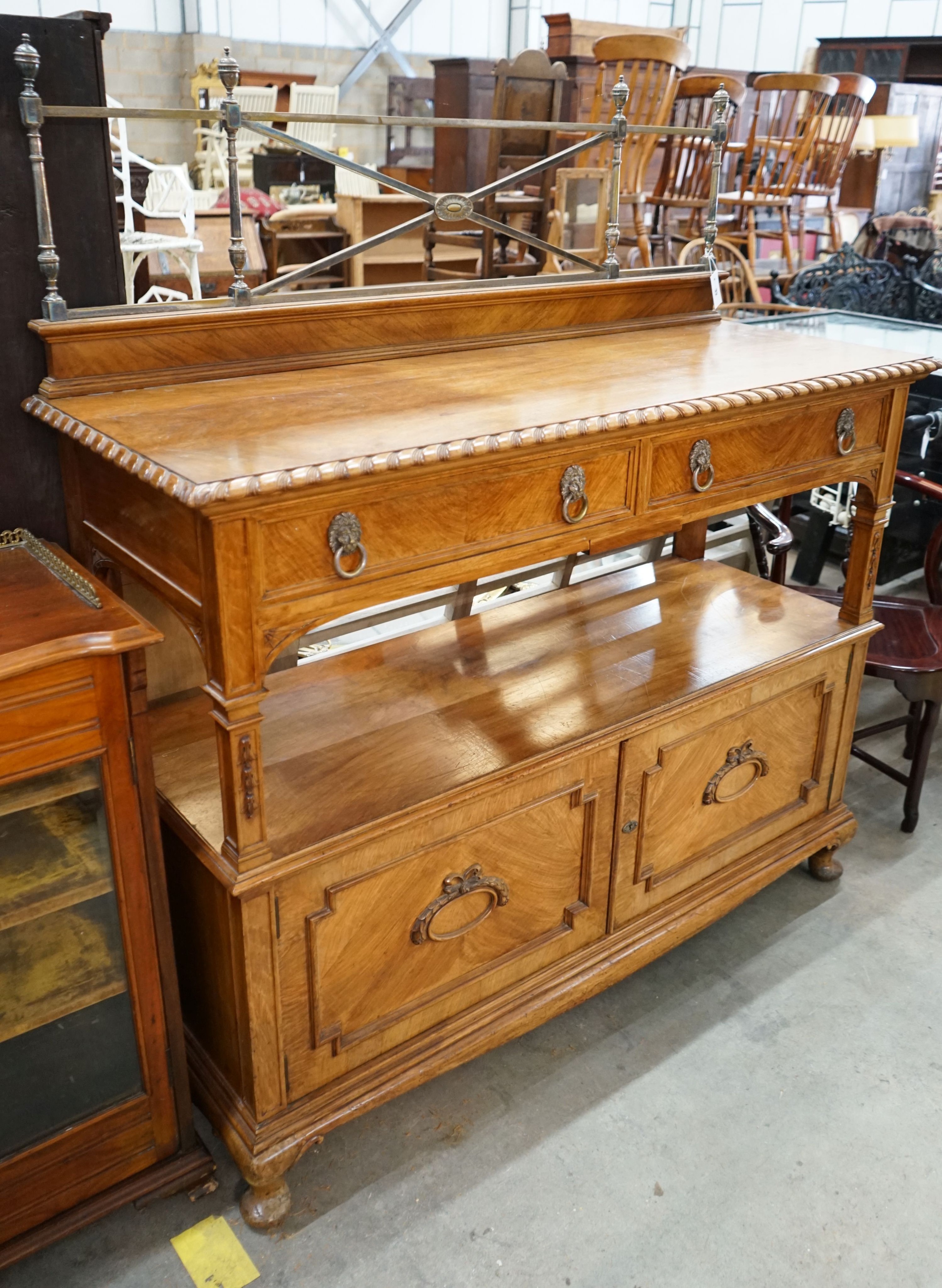 An early 20th century walnut buffet, length 144cm, depth 55cm, height 158cm